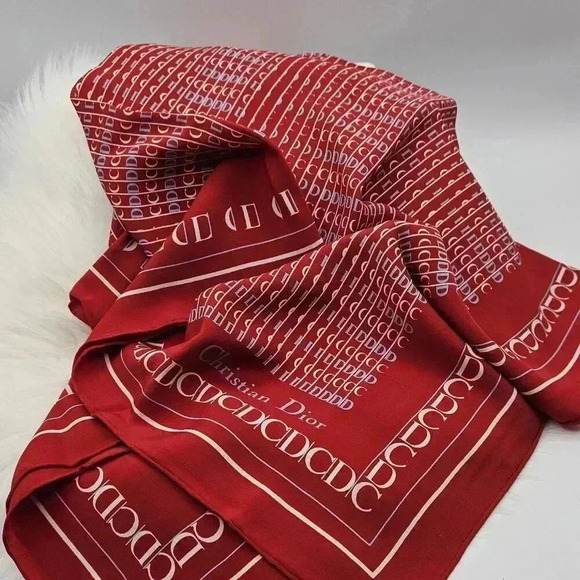 Price is FIRM* Christian Dior Red Silk Logo Scarf - Picture 7 of 8